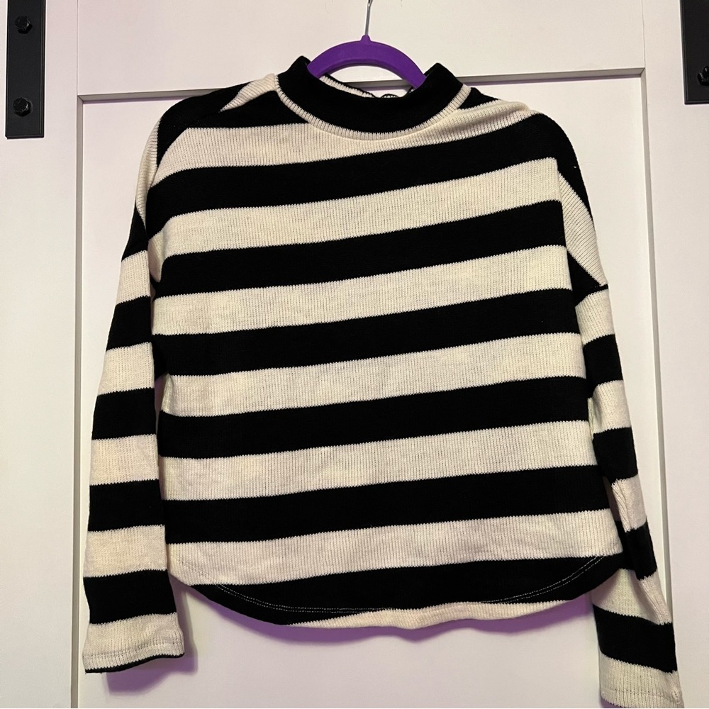 Black and White Striped Mock Neck Sweater